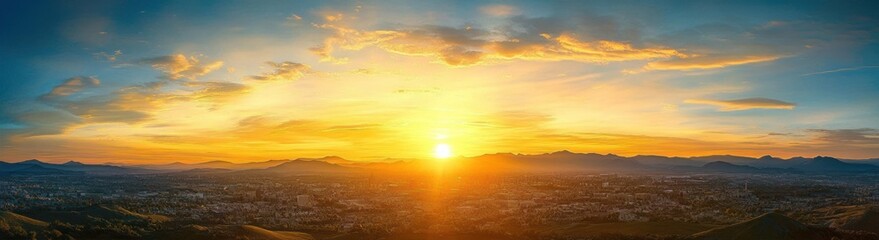 Fototapeta premium Panoramic view of a cityscape at sunset with vibrant golden and blue sky, distant mountains, and urban buildings under glowing sunlight