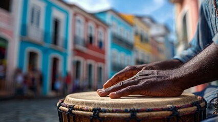Hands of a man playing a drum in the city of Salvador, capital of Bahia, Brazil