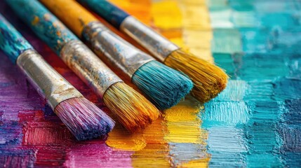 Fototapeta premium Set of accessories for painting with brushes and paints concept. Colorful brushes on a vibrant painting surface, ideal for artists.