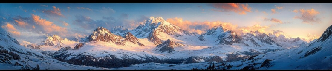 Obraz premium Panoramic view of snow-covered mountain range during a vibrant sunset with colorful clouds and clear blue sky