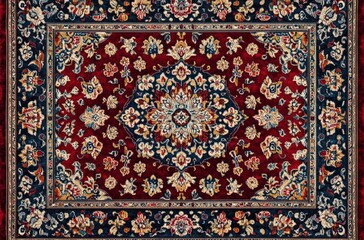 Intricately designed traditional oriental rug with red, navy blue, and beige floral patterns and a central medallion radiating detailed ornamental motifs