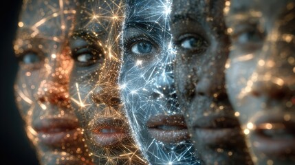Mental health as global rising concern concept. A digital representation of interconnected human faces with light.