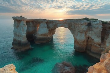 Natural rock arch formations over clear turquoise water at sunset with partly cloudy sky