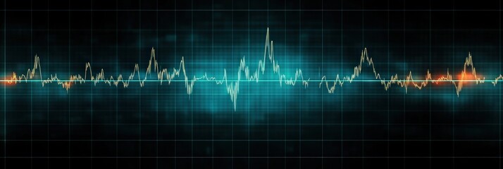 Abstract multicolored data waveform graph on dark grid background with glowing blue and orange highlights indicating dynamic fluctuations