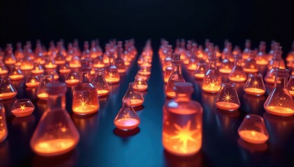 Obraz premium Pharmaceutical Research and Development Ambience Abstract, clean, and futuristic laboratory environment with glowing geometric shapes representing vials and scientific instruments, bathed in cool,