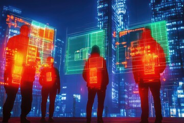 Four silhouetted individuals standing in futuristic cityscape surrounded by vibrant holographic digital blueprints and schematics glowing in red and green hues