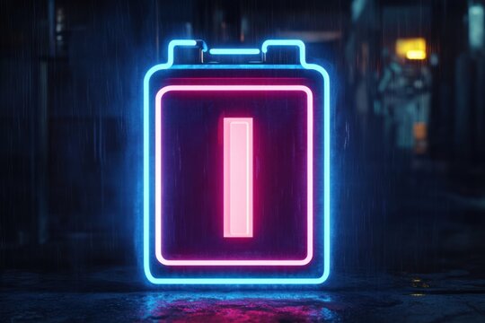 Glowing neon battery icon in blue and pink colors illuminated on a wet dark street at night with rain falling and blurred city lights in the background