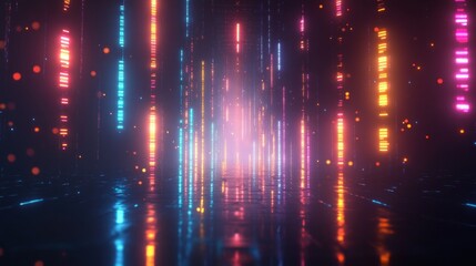 Glowing vertical bars of blue, pink, orange and purple lights reflected on a dark shiny surface creating a futuristic and immersive atmosphere