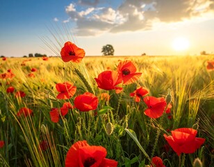 Obraz premium A vibrant field of red poppies blooms amid golden wheat at sunset. The sky is bright blue with scattered clouds, and the sun shines warmly