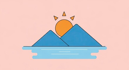 A minimalist flat design illustration of blue mountains with an orange sun rising over light blue water on a pink background.