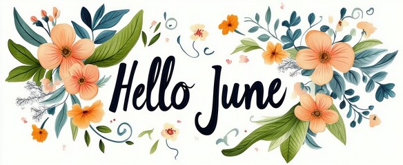 Hand-painted floral arrangement with orange flowers and green leaves surrounding elegant script text saying Hello June on white background conveying warm welcome to summer month