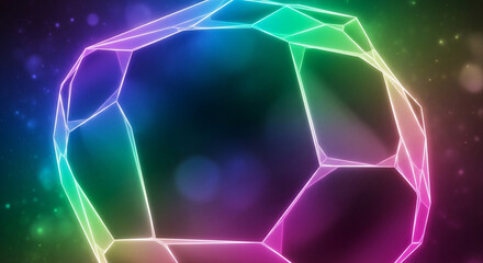Geometric polyhedron glowing with neon rainbow light outline against blurred bokeh, representing technology, science, and abstract digital