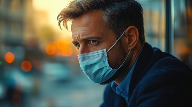 Pensive young man wearing a blue surgical mask sitting indoors near a window with warm city lights blurred in the background, expressing concern and contemplation