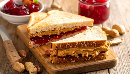 Two halves of a peanut butter and jelly sandwich with fruit spread and peanuts