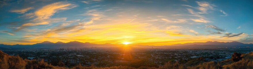 Vibrant sunset over a sprawling cityscape with mountains in the background and soft clouds illuminated by warm golden light