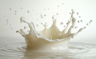 Close-up of a creamy white liquid splash creating dynamic water crown and droplets in motion against a soft light background