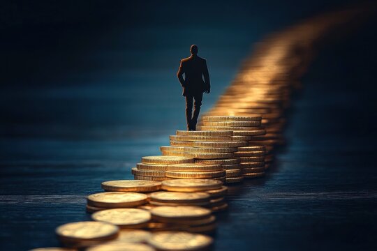 Silhouette of a man walking up a winding staircase made of golden coins symbolizing financial growth and progress in a dark setting