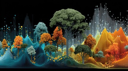 Vibrant forest landscape with dynamic colors and modern data visualization elements creating a stunning nature technology fusion, perfect for innovative campaigns and creative projects