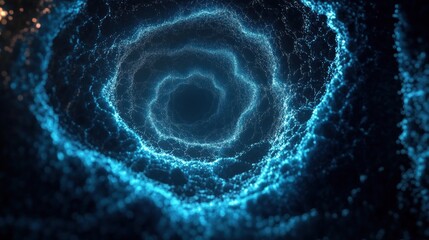 Glowing blue digital vortex or tunnel composed of interconnected luminous particles against a dark background creating a mesmerizing and futuristic effect