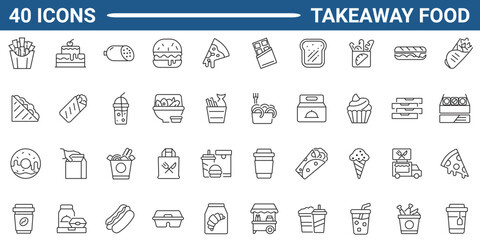 Takeaway food line icon set. related to takeaway food, junk food, fast food, takeout foot, street food. Outline icon collection. Editable stroke. Vector illustration