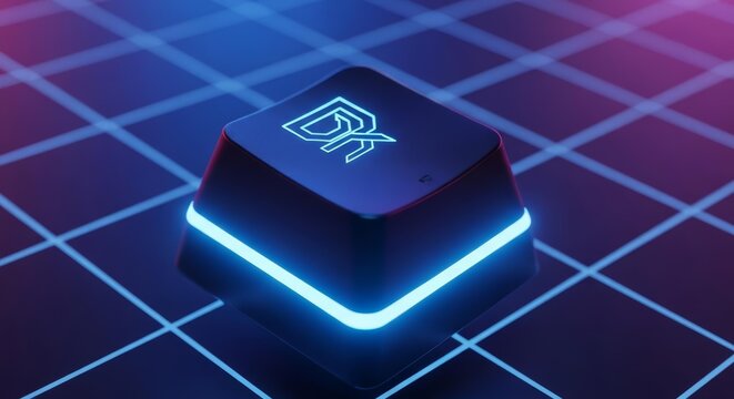 Glowing Blue Dk Keycap on Cyber Grid Background