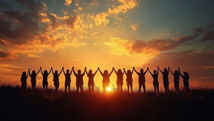 Group of people holding hands in silhouette standing on grass with raised arms during vibrant sunset with colorful sky and clouds