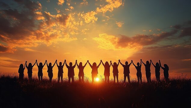 Group of people holding hands in silhouette standing on grass with raised arms during vibrant sunset with colorful sky and clouds