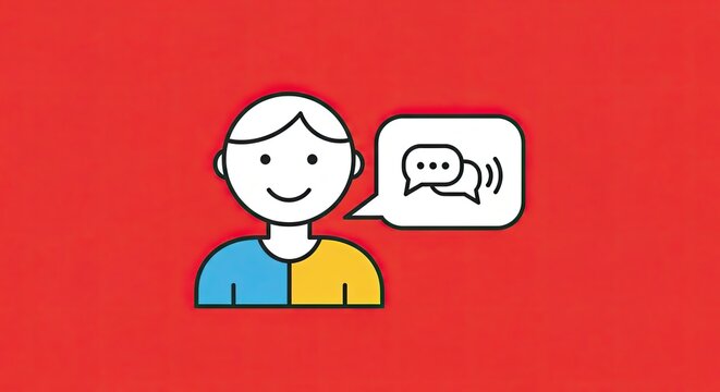 Stylized illustration of a smiling person with a speech bubble representing communication.