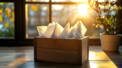 Used Tissues in a Wooden Box on a Sunlit Table
