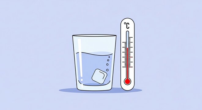 A glass of water with an ice cube next to a thermometer on a light blue background, illustrating temperature.