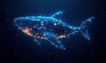 Fototapeta premium Digital glowing polygonal shark composed of blue and orange connected light dots swimming in a dark space with star-like background
