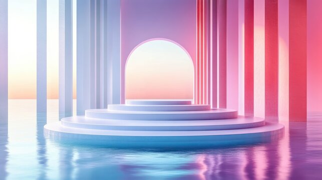 Large circular stepped platform surrounded by water with tall vertical pillars and an arched opening revealing a colorful sunset sky - Powered by Adobe