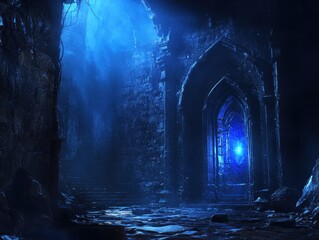 Mysterious corridor with blue illumination
