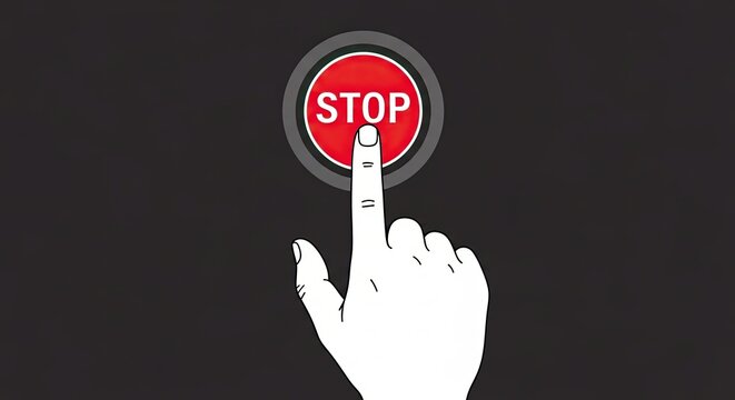Illustration of a hand pressing a red stop button on a black background.