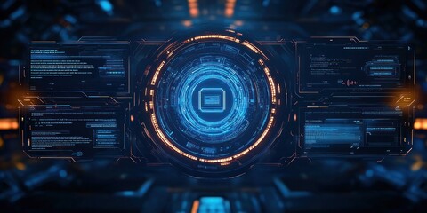 Futuristic digital interface with circular central display and multiple transparent rectangular data panels glowing in blue and orange tones on dark background