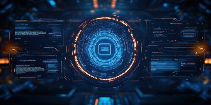 Futuristic digital interface with circular central display and multiple transparent rectangular data panels glowing in blue and orange tones on dark background