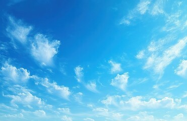 Bright blue sky with scattered wispy white clouds on a sunny day conveying calm and openness