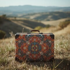 a highly detailed and stylish colorful trolly suitcase is the central focus of this cinematic photo, captured in daylight with a shallow depth of field, creating a beautiful blurred landscape