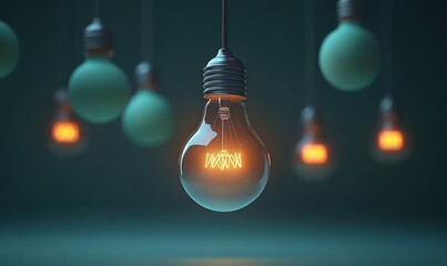 Glowing light bulbs hanging in a dark space with one brightly lit bulb in sharp focus and others softly blurred in the background