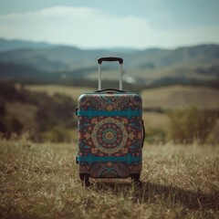 a highly detailed and stylish colorful trolly suitcase is the central focus of this cinematic photo, captured in daylight with a shallow depth of field, creating a beautiful blurred landscape
