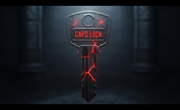 Mysterious Caps Lock Key with Red Glowing Cracks in a Dark Setting