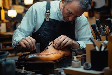 Focused craftsman carefully polishing a brown leather brogue shoe in a workshop filled with tools