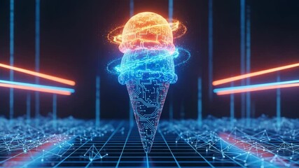 Futuristic ice cream cone glowing with neon lights and circuit board patterns - Powered by Adobe