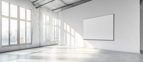Obraz premium Empty bright modern room with large windows and a blank white rectangular canvas on the wall bathed in natural sunlight