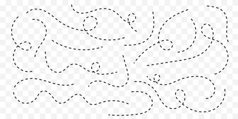Obraz premium Hand drawn dot line path doodle. Dashed arrow set. Vector doodle dot line. Dotted hand drawn arrow. Doodle arrows of various shapes and directions. Path travel dotted line trip dashed best collection.