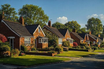 Naklejka premium Row of charming brick cottages with dark roofs, surrounded by green lawns, colorful bushes, and large leafy trees under a bright blue sky with some white clouds