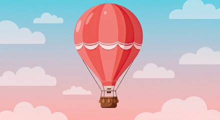 Fototapeta premium A red and pink hot air balloon floats peacefully in a colorful sky filled with fluffy white clouds.
