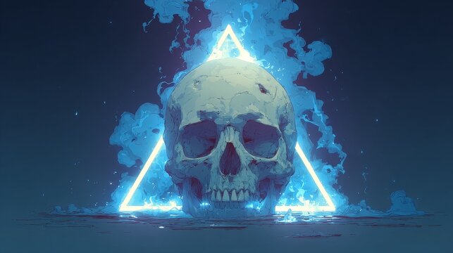 90s anime style smiling cartoon skull with triangular forehead hole, glowing blue neon triangle, soft smoke and light flares, dark futuristic background, retro shading, music album cover.