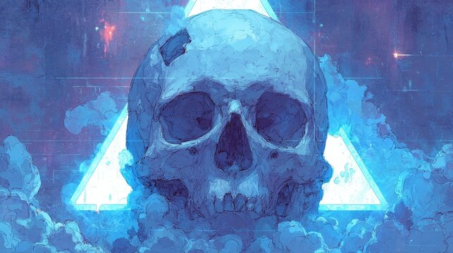 90s anime style smiling cartoon skull with triangular forehead hole, glowing blue neon triangle, soft smoke and light flares, dark futuristic background, retro shading, music album cover.
