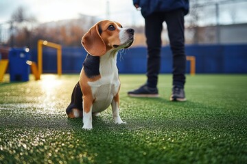 small beagle dog sitting attentively on green artificial turf near a person standing outdoors on a bright day